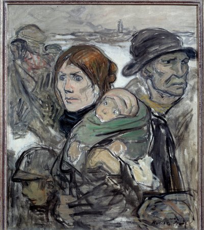 The exodus 道路を走る移民の家族。ロベール・ノワール（1864-1931）の絵画 20世紀 ヴァーノン、プーラン美術館蔵 作： Robert  Noir