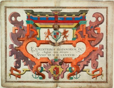 西暦MDLXXXVIII年、英国におけるイスパノルムの遠征の正確な記述」のタイトルページ。 作： Robert (after) Adams