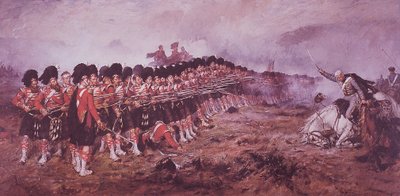 1854年バラクラバの戦いで、ロシア軍の突撃の前に立ちはだかった「シン・レッド・ライン」（第93高地隊）。 作： Robert (after) Gibb