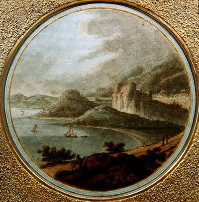 船のいる海の湾の上の城、1775年頃（紙にペンとインクと水彩画） 作： Robert (attr. to) Adam