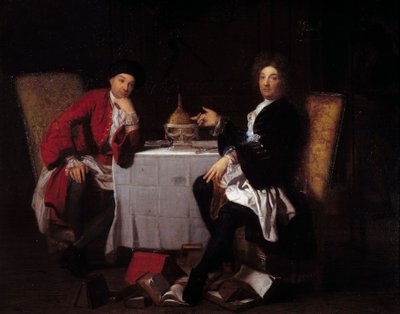 二人のエピキュリアン 二人の哲学者がテーブルに向かって話をしている。ロベール・トゥルニエール（1668-1752）の作とされる絵画 18世紀 Caen, musee des Beaux Arts 作： Robert (attr. to) Tournieres