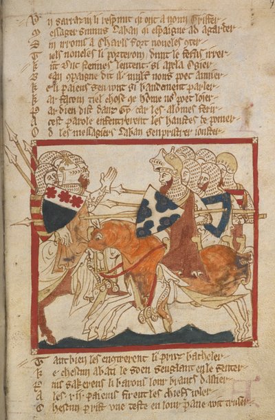 Egerton 3028 f.98 彼らは、彼らに会うために送られたサラセン人を打ち負かします。 La Destruction de Rome; Fierabras