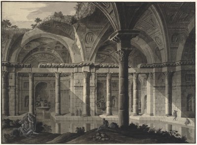 台無しにされた屋根とフィギュアのあるアンティーク風呂の建築ファンタジー 作： Robert Adam