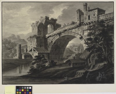 川に架かる古い橋と手前に水車小屋がある建築ファンタジー 作： Robert Adam