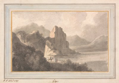 岩の多いロマンチックな風景の中の人物 作： Robert Adam