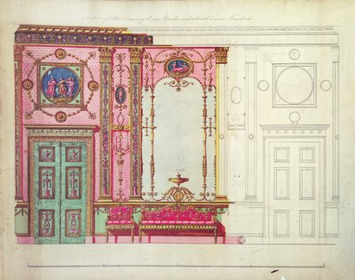 ロンドンのノーサンバーランドハウスの応接室のセクション。端壁のデザイン（ペン、インク、トイレ） 作： Robert Adam