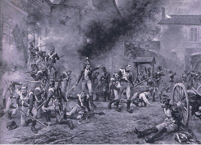 1815年6月18日のウーグモンの防衛、イギリスの陸と海の戦い、1915年のイラスト 作： Robert Alexander Hillingford
