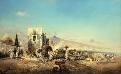 遠くにベスビオが見えるナポリの村、1889年 作： Robert Alott