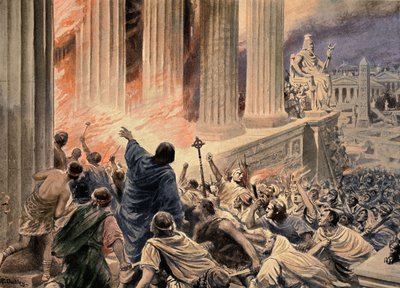 391 ADのアレクサンドリアでの図書館の焼失、「Hutchinsons History of the Nations」のイラスト、1910年頃（後の着色）（リソ） 作： Robert Ambrose (after) Dudley