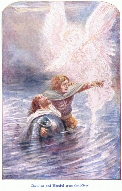 クリスチャンとホープフルが川を渡る、John F Shaw & Co 発行の The Pilgrims Progress から、1900 年代頃 (色リソ) 作： Robert Ambrose Dudley