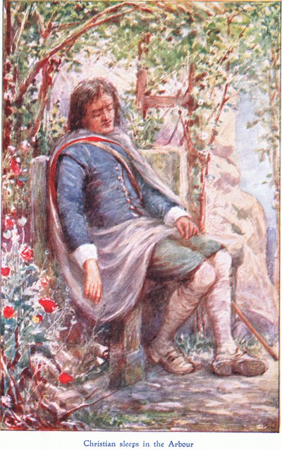 Christian sleeps in the arbour, from The Pilgrims Progress published by John F Shaw & Co, c.1900