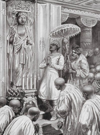 カニシカ、大乗仏教（北方仏教）を開く、AD100年（リトグラフ） 作： Robert Ambrose Dudley