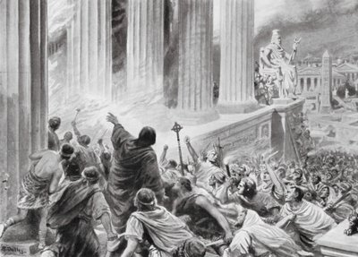 アレクサンドリアの図書館の焼失、西暦391年（リトグラフ） 作： Robert Ambrose Dudley