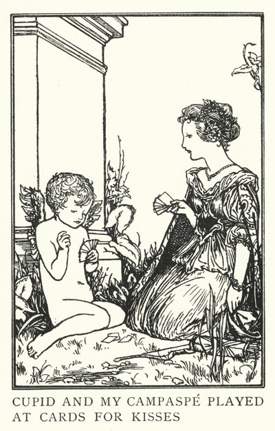 キューピッドと私のカンパスペがキスのためにカードで遊んだ（リトグラフ 作： Robert Anning Bell