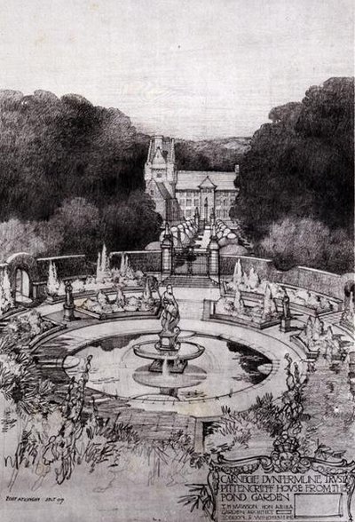 池の庭から見たピッテンクリーフの家、トーマス・モーソンの「都市計画の研究」より 作： Robert Atkinson