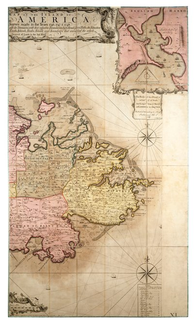 1746年から1748年にかけて行われた調査による、アメリカのアンティグア島の新しく正確な地図。 作： Robert Baker