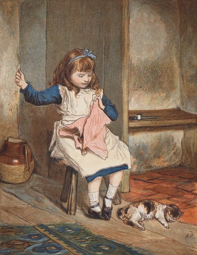 縫い物をする少女と足元の猫（カラーリトグラフ） 作： Robert Barnes