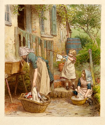 母親と子供たちが洗濯、パブをぶらぶら。 1854年。 作： Robert Barnes