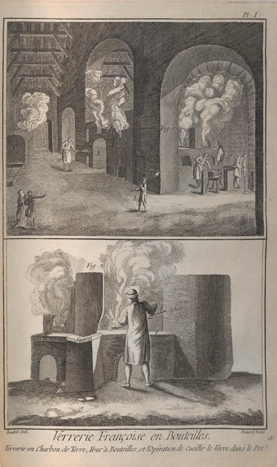 ガラス製造。デニス・ディドロとジャン・ル・ロン・ダランベールによる百科事典、1751-1765。 作： Robert Benard