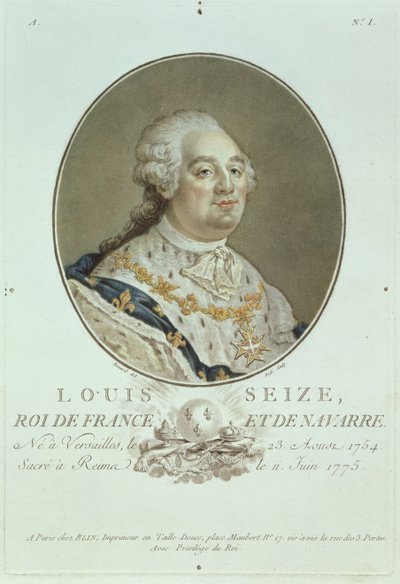 ライドによって刻まれた「Portraits des Grands Hommes Illustres」のルイ16世（1754-93年）の肖像画（手描きの彫刻） 作： Robert Benard