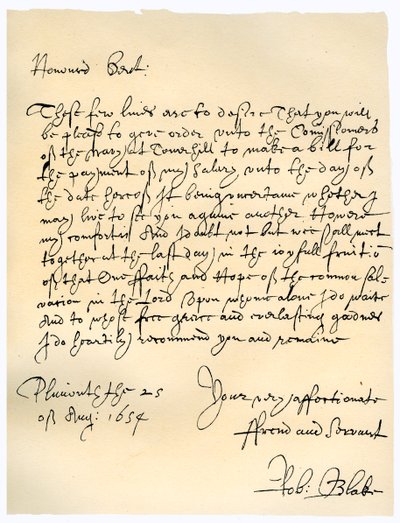1654年8月25日、ロバートブレイク提督から海軍長官への手紙。 作： Robert Blake