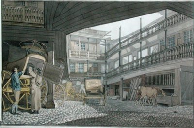 グレースチャーチ・ストリートのスプレッド・イーグルの庭の眺め、馬車と馬が餌を与えているところ 作： Robert Blemell Schnebbelie
