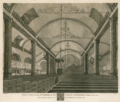 1817年に撮影されたロンドンのシャッドウェルのセントポールズ内部の西側の景色 作： Robert Blemell Schnebbelie