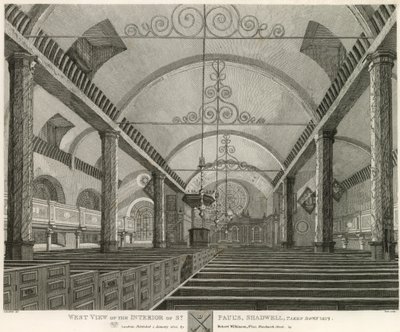 1817年に取り壊されたロンドンのシャッドウェルのセントポールズ内部の西側の景色 作： Robert Blemell Schnebbelie