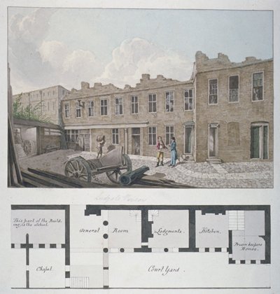 ロンドンワークハウス、ビショップスゲート、下、ロンドン市、1818年の計画のあるルドゲート刑務所 作： Robert Blemmell Schnebbelie