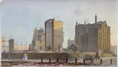 台無しにされた建物、コマーシャル ロード、ステップニー、ロンドン、1820 作： Robert Blemmell Schnebbelie