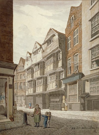 造船所、ウェストミンスター、ロンドン、1815年にある古い木造家屋の南西の眺め 作： Robert Blemmell Schnebbelie