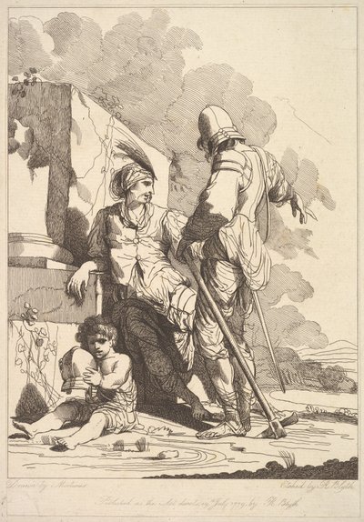 2人の兵士とヘルメットをかぶった子供、1779年7月19日。 作： Robert Blyth