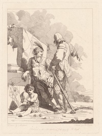2 人の兵士とヘルメットをかぶった子供 作： Robert Blyth, after John Hamilton Mortimer