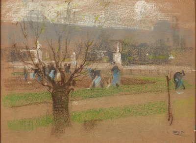 パリのチュイルリー庭園での球根の植え付け（パステル） 作： Robert Brough