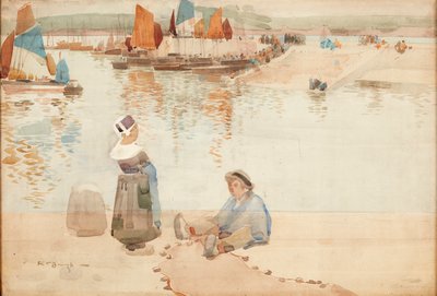港の壁の人物、ブルターニュ（水彩） 作： Robert Brough