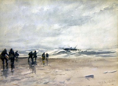 遭難した漁船を引っ張る漁師（水彩・紙） 作： Robert Buchan Nisbet