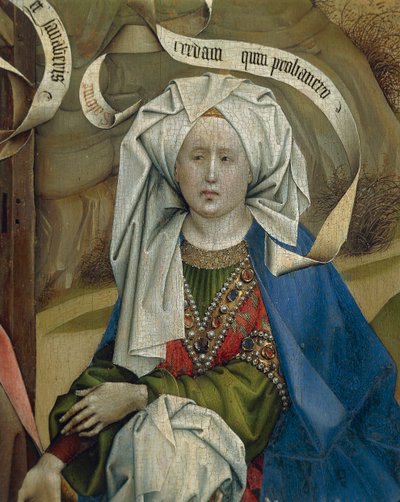 キリスト降誕の女性を表す詳細、フレマル ロバート カンピン (1375/1379-1444) のマスター、パネルに油彩、1420 年頃 作： Robert Campin