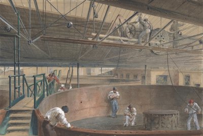 電信建設の工場で大型タンクにケーブルを巻く...、1865年、1865年。 作： Robert Charles Dudley