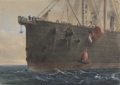 1865 年 8 月 2 日、グレート イースタンの弓で: ケーブルが壊れて紛失、グラップルの準備中、 作： Robert Charles Dudley