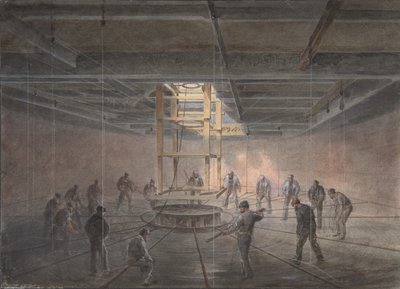 グレート イースタン号に搭載されたタンクの 1 つの内部: ケーブルの通過、1865-66 年。 作： Robert Charles Dudley