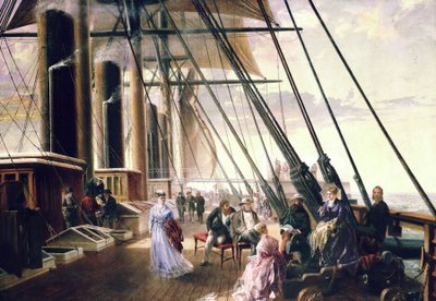 イザムバード・キングダム・ブルネル(1806-1859)による蒸気船と車輪付きの「グレート・イースタン」号にて。 作： Robert Charles Dudley