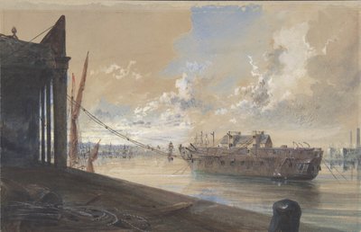 作品からハルクに渡されたケーブル テムズ川に横たわる古いフリゲート艦アイリス...、1865-66 作： Robert Charles Dudley