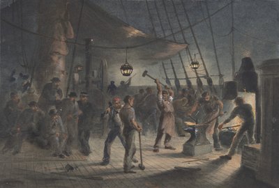 甲板上のフォージ、8 月 9 日の夜: キャプスタンの鉄板の準備、1865-66 年。 作： Robert Charles Dudley