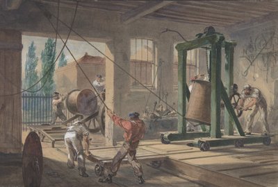 工場でタンクに運ばれるガッタパーチャで覆われた導線のリール...、1865-66。 作： Robert Charles Dudley