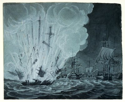 ナイル川の戦いで、爆破される船（ペン画、灰色ウォッシュ） 作： Robert Cleveley