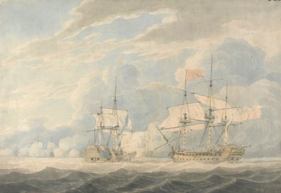 1797 年 10 月 11 日のキャンパーダウンの戦いで、デ ウィンター提督率いるオランダ中将がダンカン提督率いるイギリスのオンスロー中将に旗をたたきつけている 作： Robert Cleveley