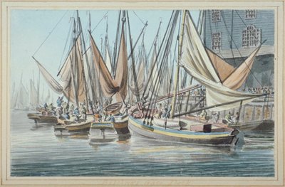 水上にボートが並ぶビリングスゲート埠頭の眺め、ロンドン市、1790年。 作： Robert Clevely