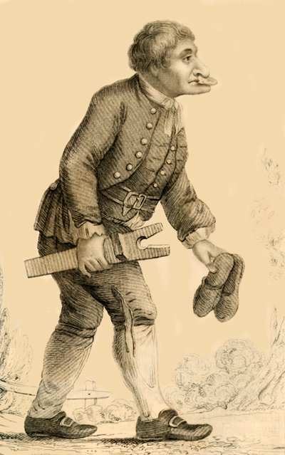 1821年、ヨークシャーのリッポンでよく知られたキャラクター、オールドブーツ。 作： Robert Cooper
