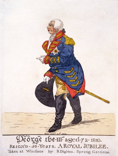 1810年にフィフティイヤージュビリーでイギリスのジョージIII。 1810年10月25日（カラーリトグラフ） 作： Robert Dighton