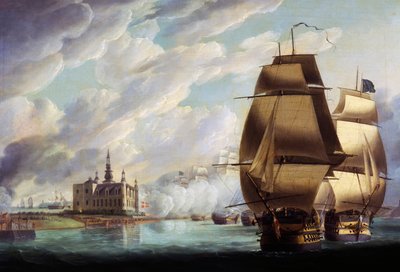 コペンハーゲンの戦いの前、1801年3月30日に音の通過を強要するネルソン、R・ドッド作、油彩・キャンバス、61x91.4cm、イギリス 作： Robert Dodd